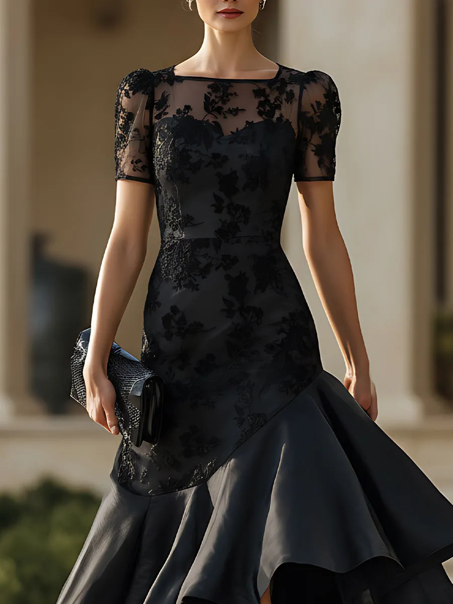 Sheer Neckline High-Low Midi Dress With Sculpted Silhouette sold by Mooyius product image thumbnail 3
