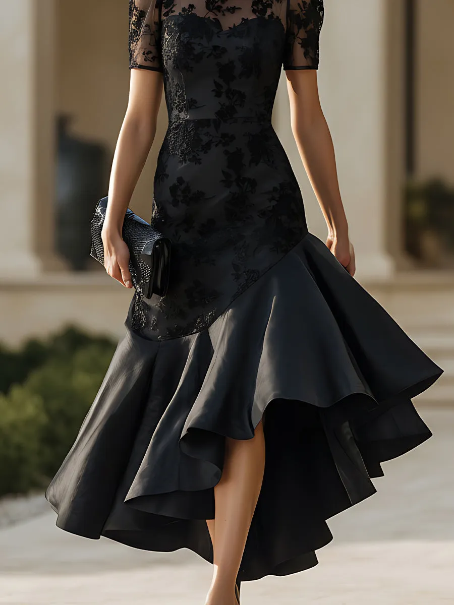 Sheer Neckline High-Low Midi Dress With Sculpted Silhouette sold by Mooyius product image thumbnail 4