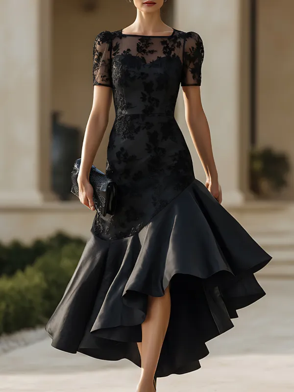 Sheer Neckline High-Low Midi Dress With Sculpted Silhouette sold by Mooyius