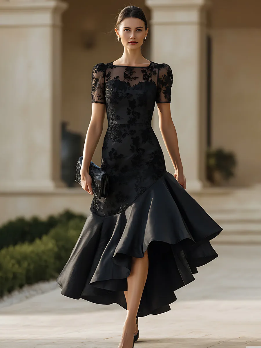 Sheer Neckline High-Low Midi Dress With Sculpted Silhouette sold by Mooyius product image thumbnail 2