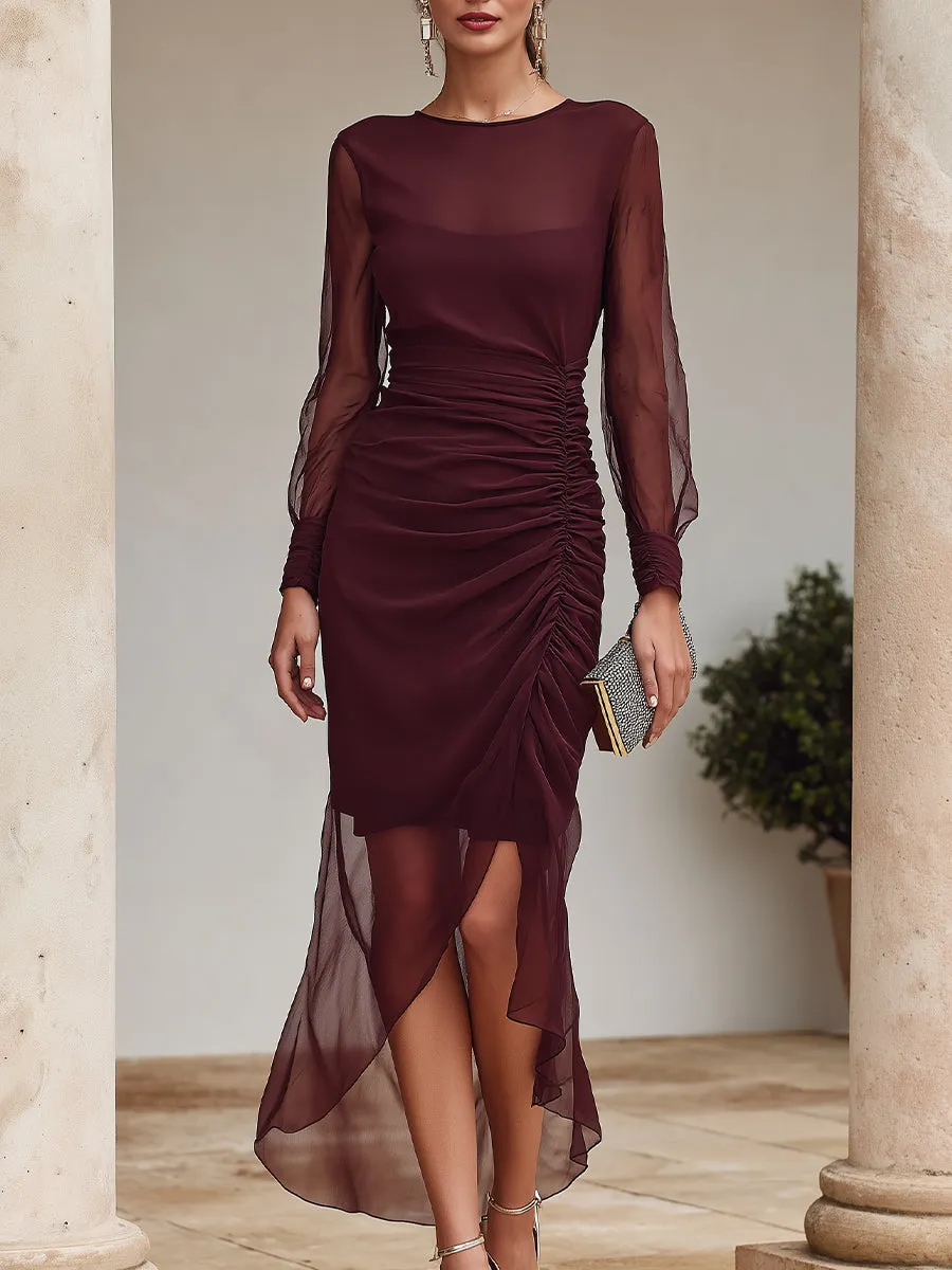 Ruched Sheer Long Sleeve Asymmetric Midi Dress sold by Mooyius