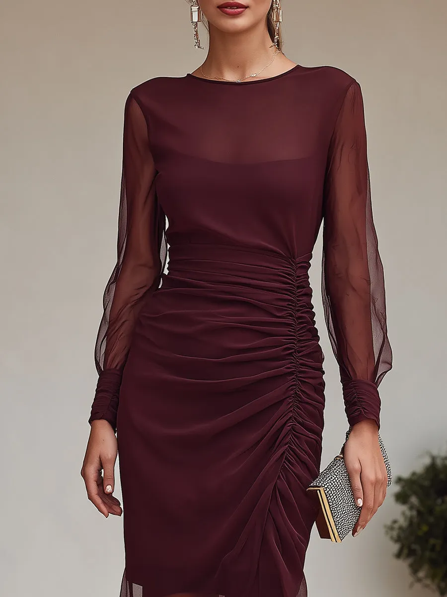 Ruched Sheer Long Sleeve Asymmetric Midi Dress sold by Mooyius product image thumbnail 3