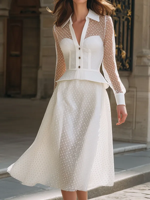 Sheer Polka Dot Blouse And Midi Skirt Set With Peplum Waist sold by Mooyius