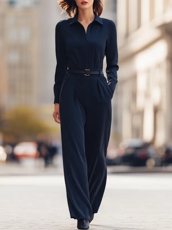 Tailored Belted Long-Sleeve Jumpsuit For Modern Women made by Mooyius