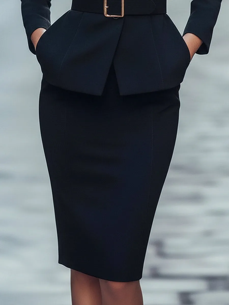 Black Belted Structured Jacket & Skirt Set sold by Mooyius product image thumbnail 3