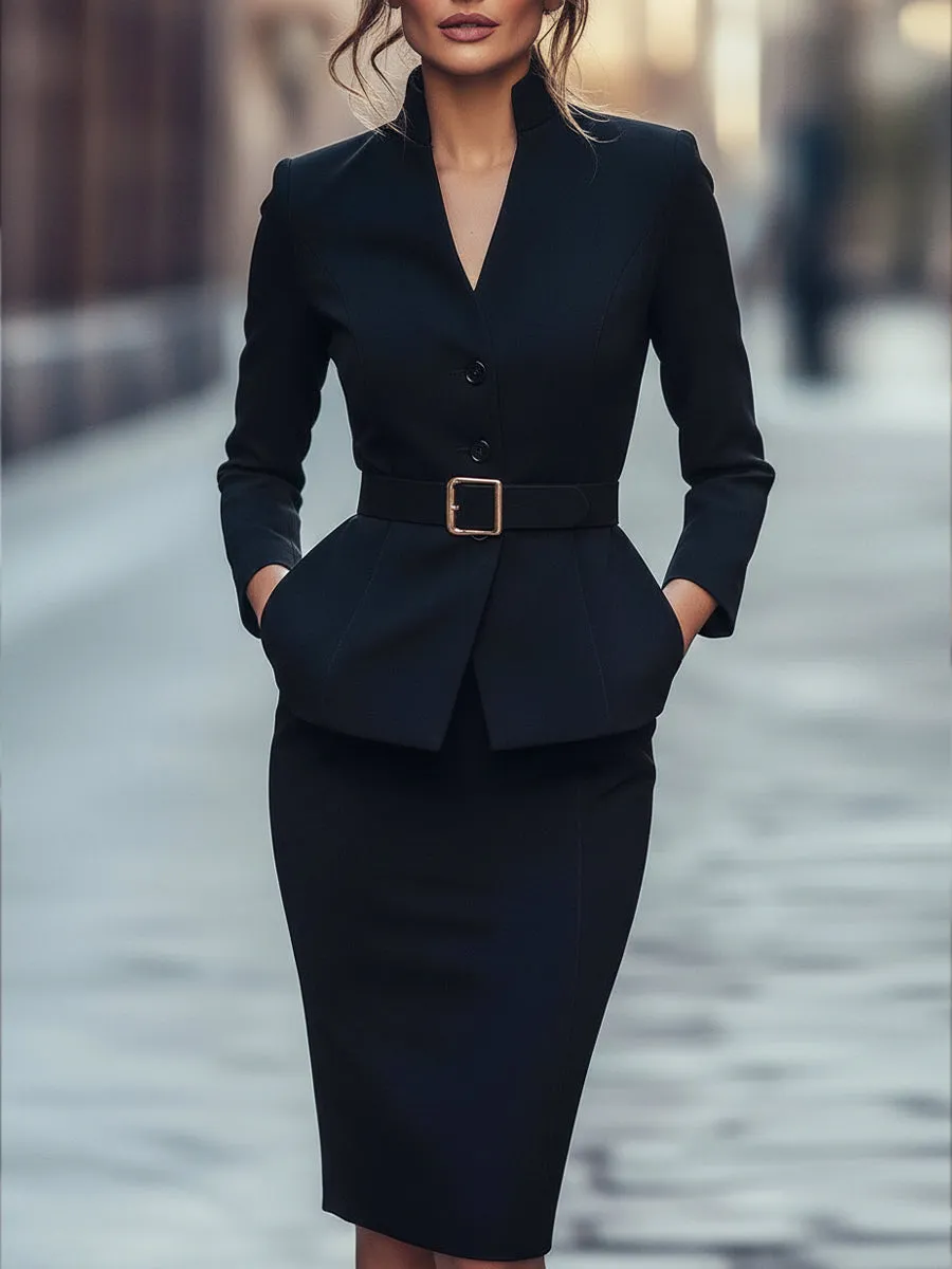 Black Belted Structured Jacket & Skirt Set sold by Mooyius