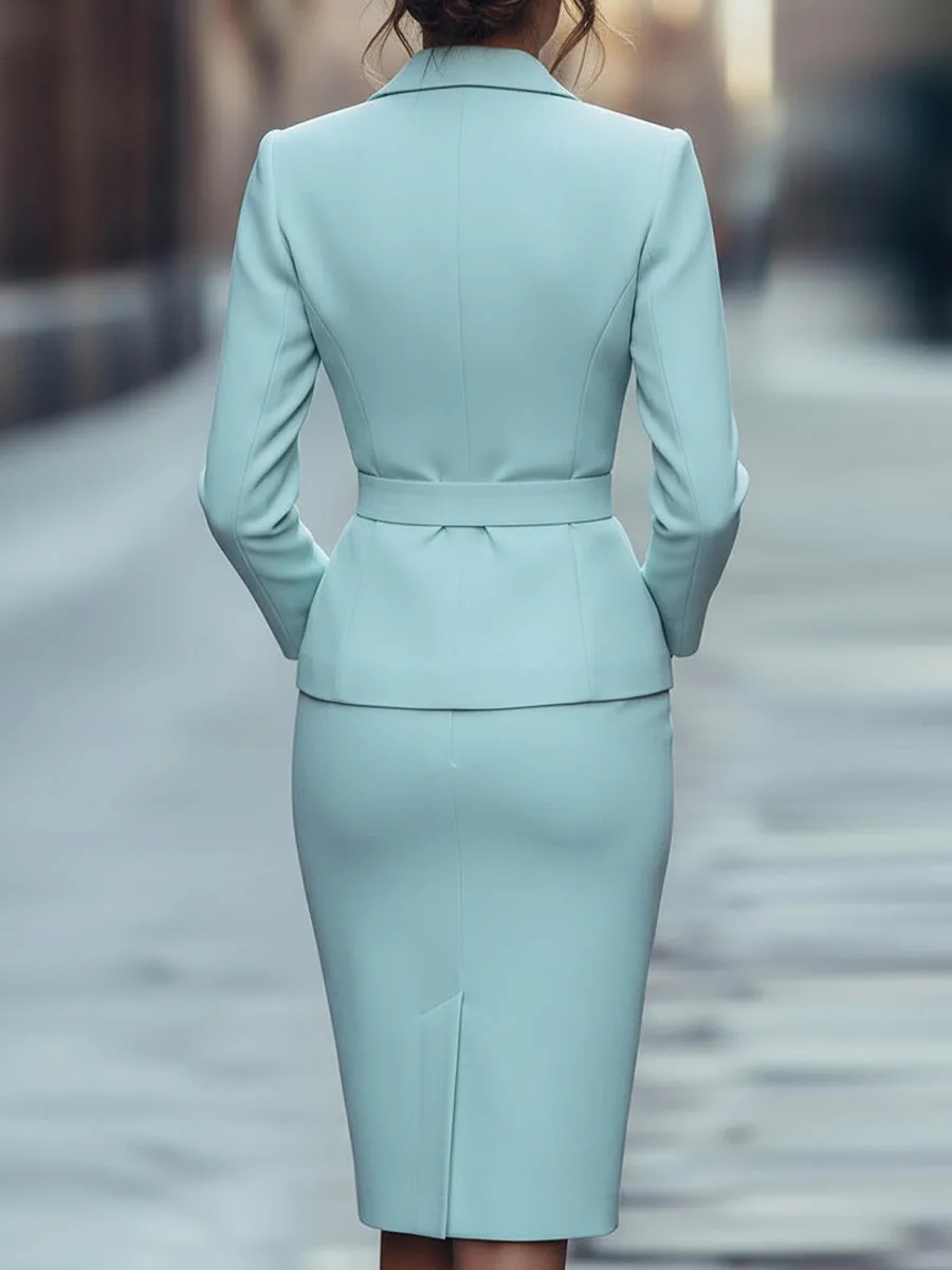 Light Blue Belted Blazer & Pencil Skirt Set sold by Mooyius product image thumbnail 4