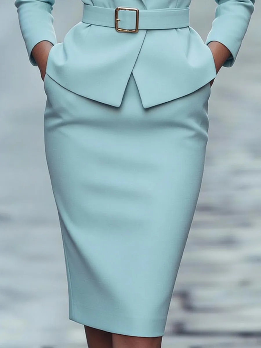 Light Blue Belted Blazer & Pencil Skirt Set sold by Mooyius product image thumbnail 3