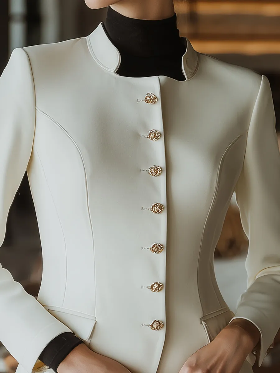 High-Neck Sculpted Button-Front Tailored Jacket sold by Mooyius product image thumbnail 3