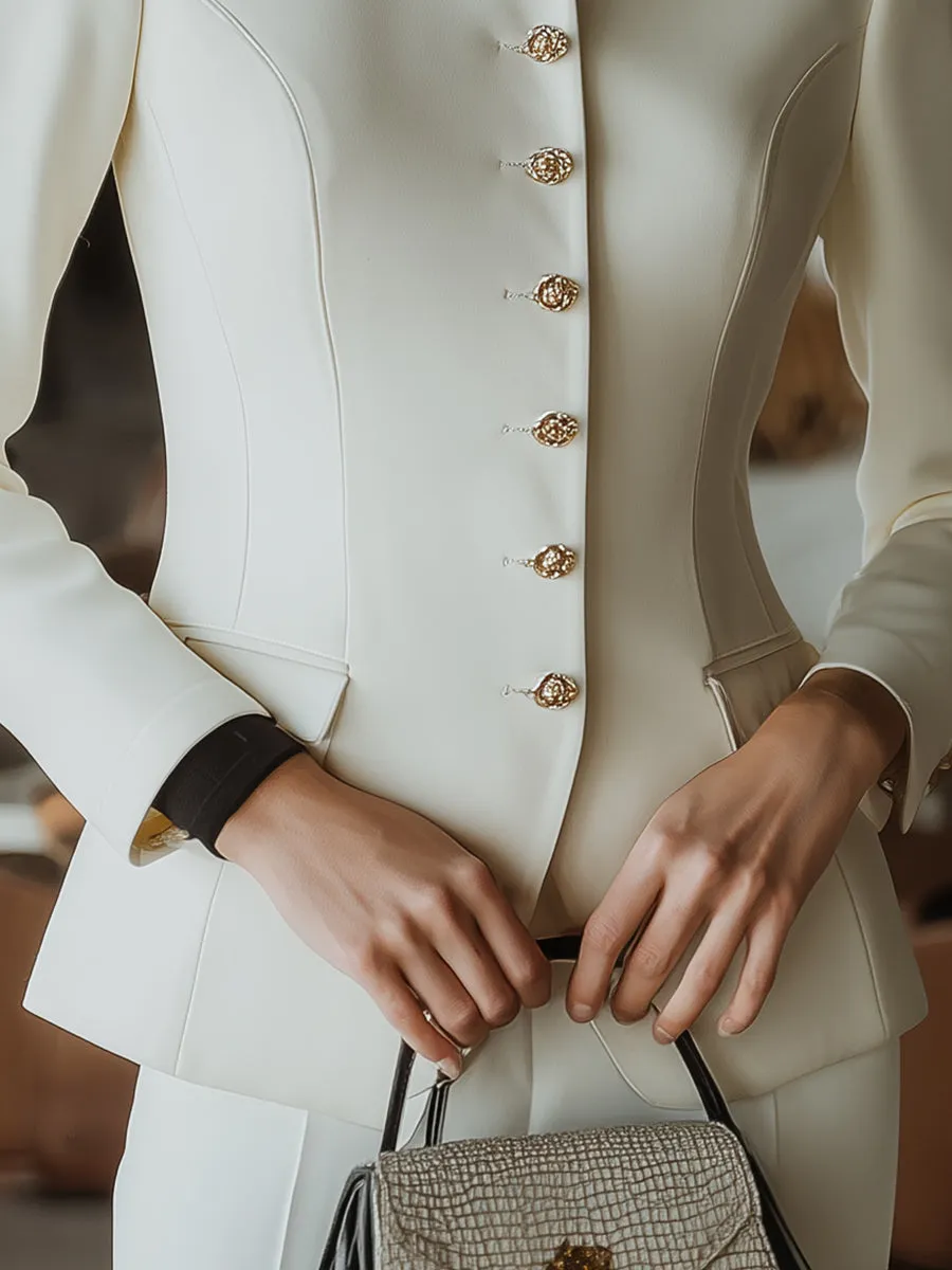 High-Neck Sculpted Button-Front Tailored Jacket sold by Mooyius product image thumbnail 4