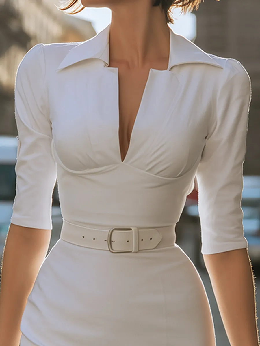 Elegant Belted V-Neck Tailored Midi Dress sold by Mooyius product image thumbnail 3