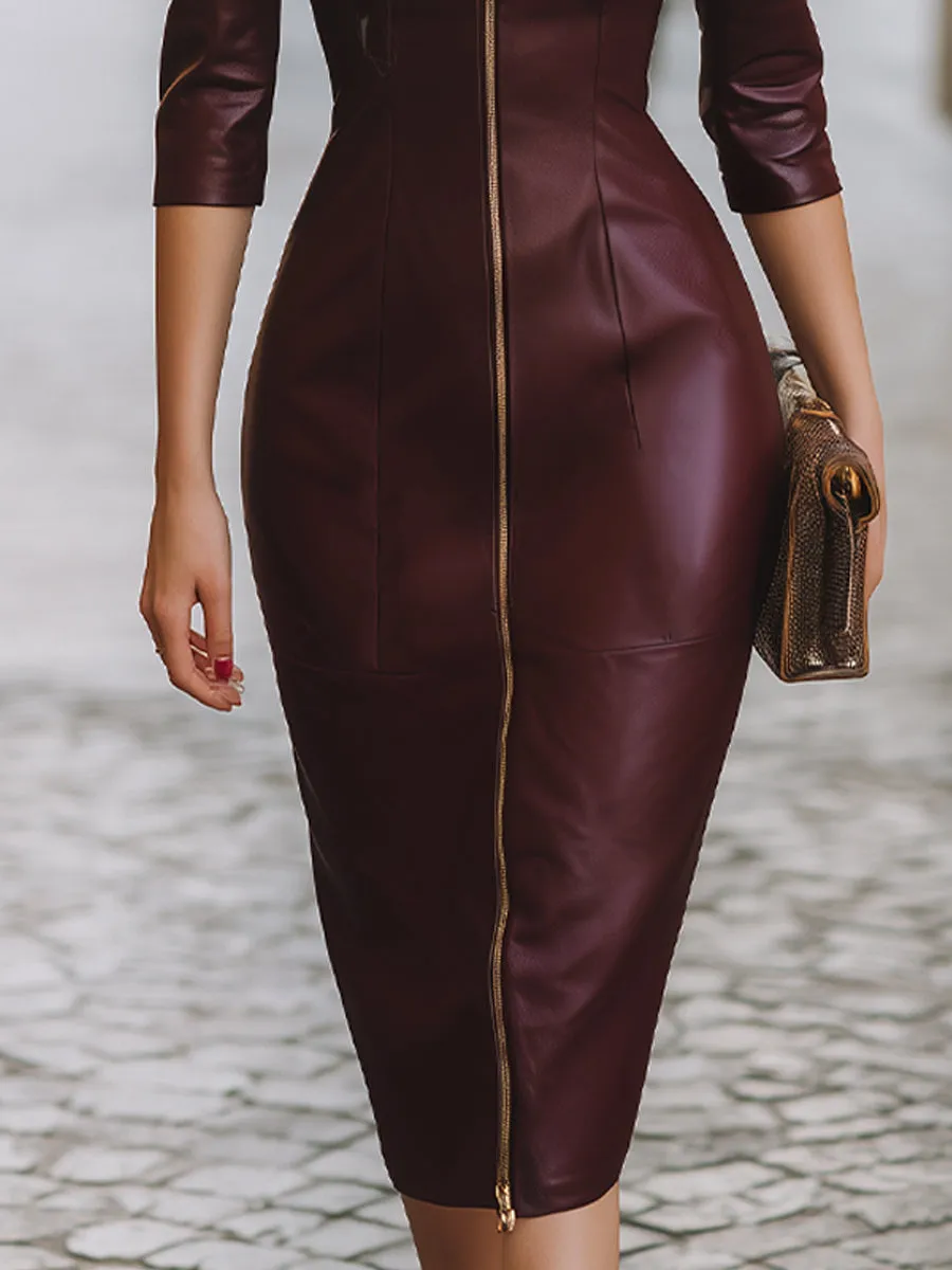 Elegant Sculpted Zip-Front Faux Leather Midi Dress sold by Mooyius product image thumbnail 4