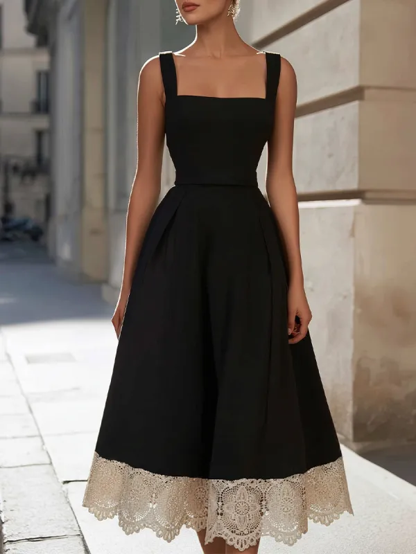 Elegant Square-Neck Sleeveless Midi Dress With Lace Hem made by Mooyius