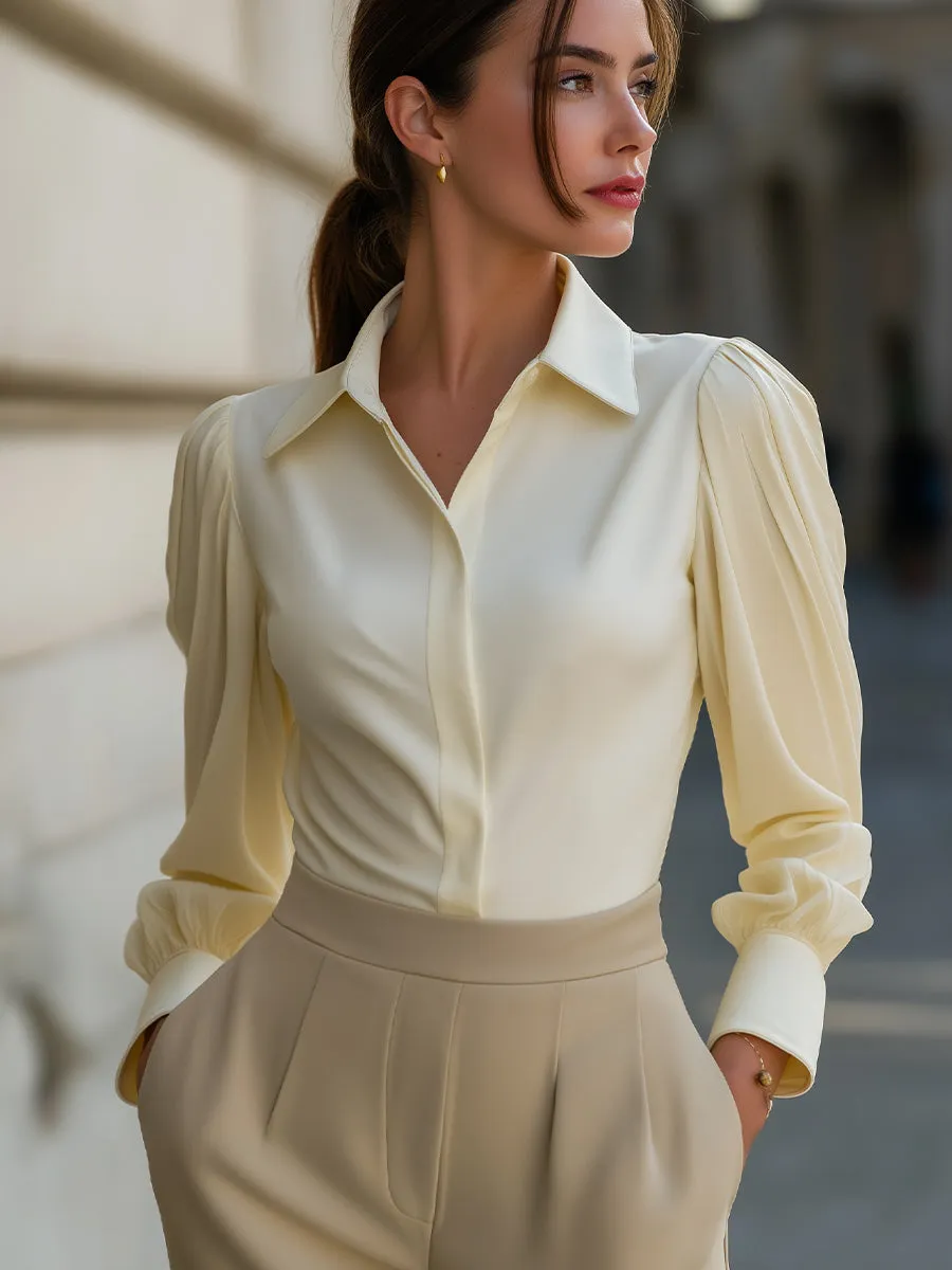 Puff Sleeve Button-Front Blouse With Point Collar sold by Mooyius product image thumbnail 2