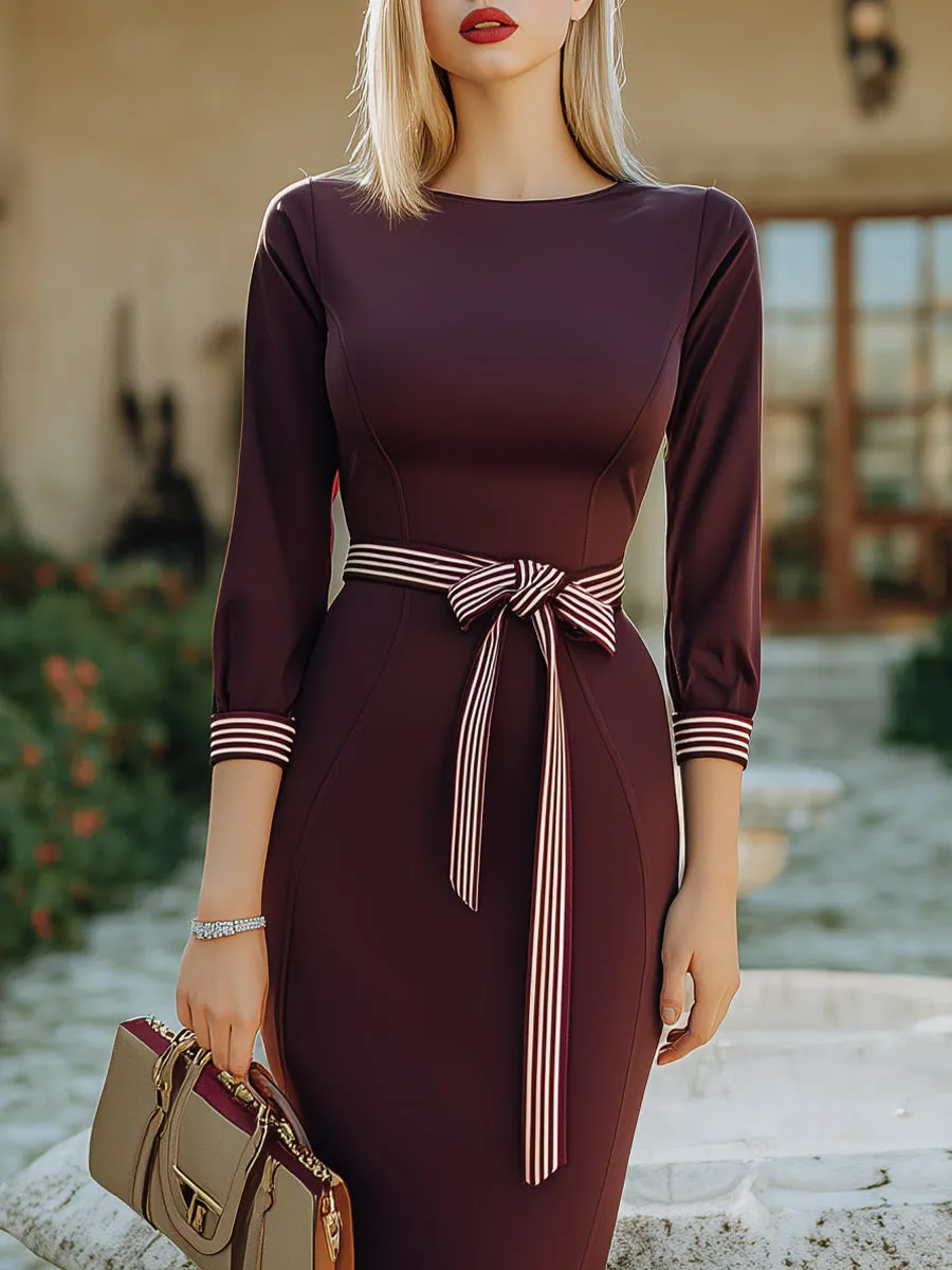 Striped-Belt Long Sleeve Midi Dress sold by Mooyius product image thumbnail 3