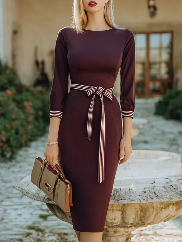 Striped-Belt Long Sleeve Midi Dress sold by Mooyius