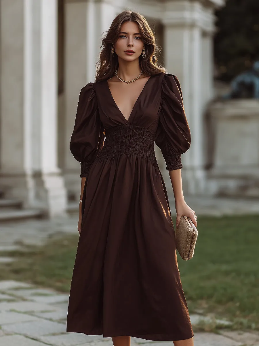 Smocked Waist V-Neck Midi Dress sold by Mooyius product image thumbnail 2