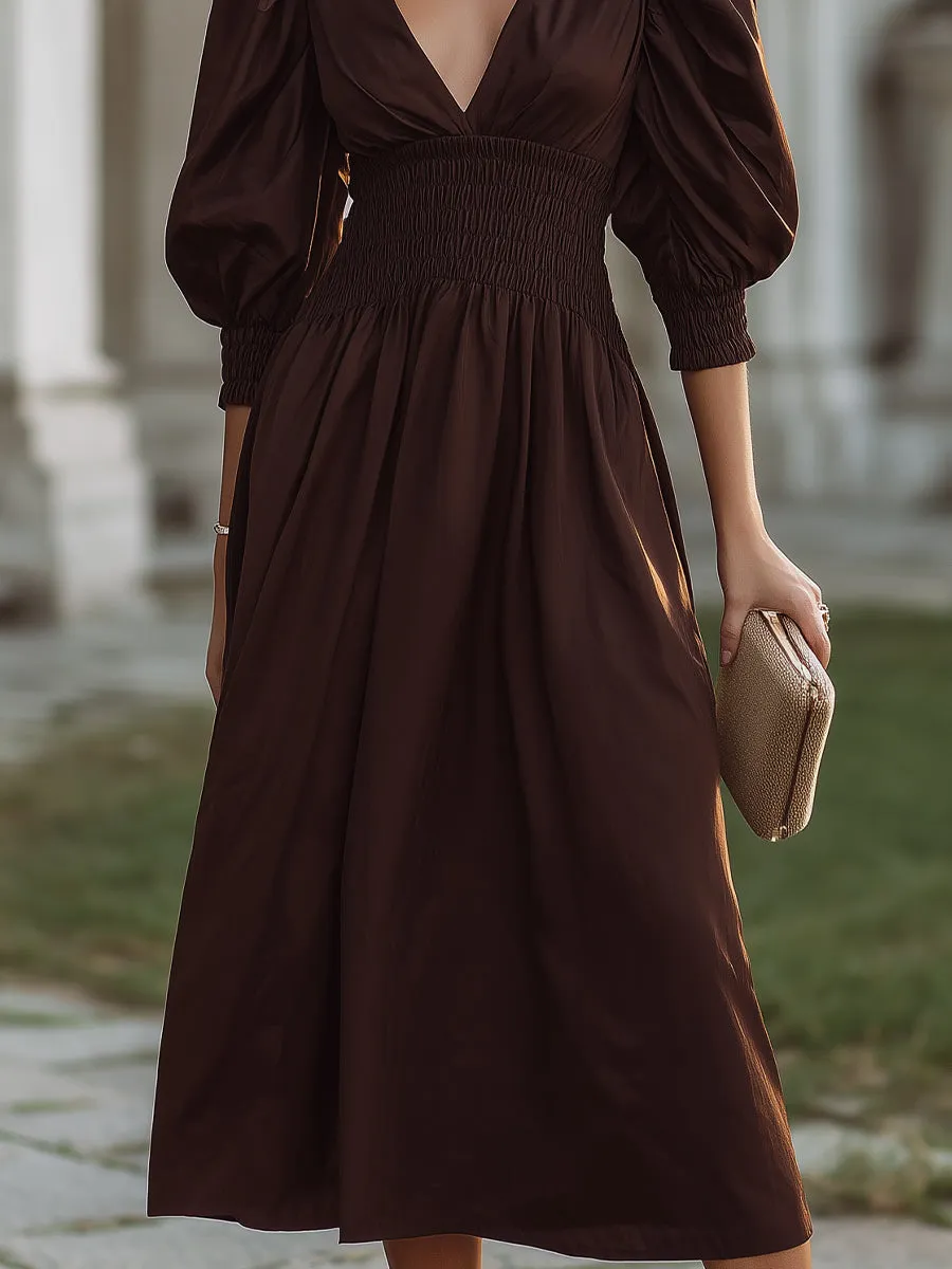 Smocked Waist V-Neck Midi Dress sold by Mooyius product image thumbnail 4