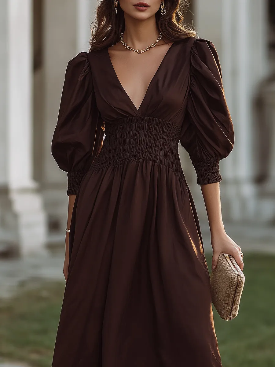 Smocked Waist V-Neck Midi Dress sold by Mooyius product image thumbnail 3