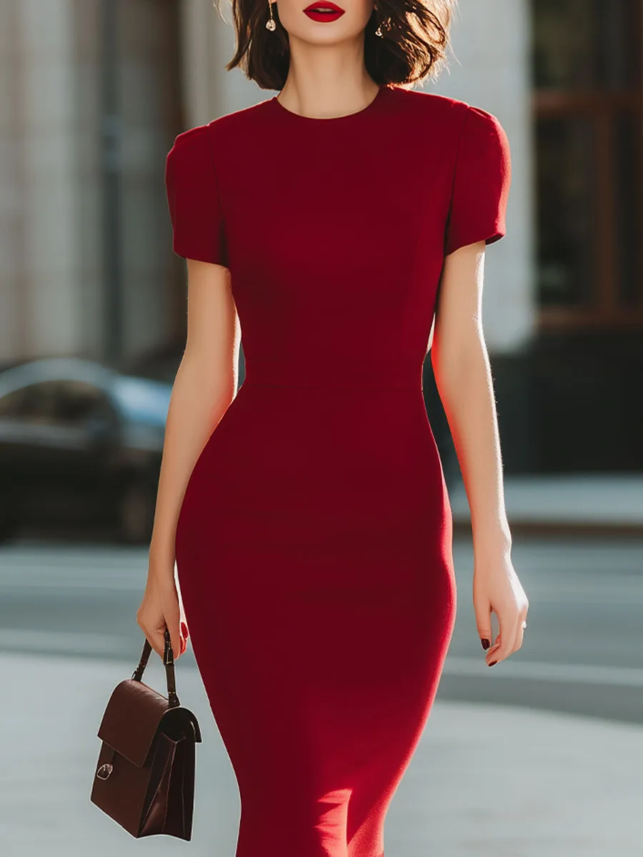Burgundy Crew-Neck Puff-Sleeve Mermaid Midi Dress sold by Mooyius product image thumbnail 2