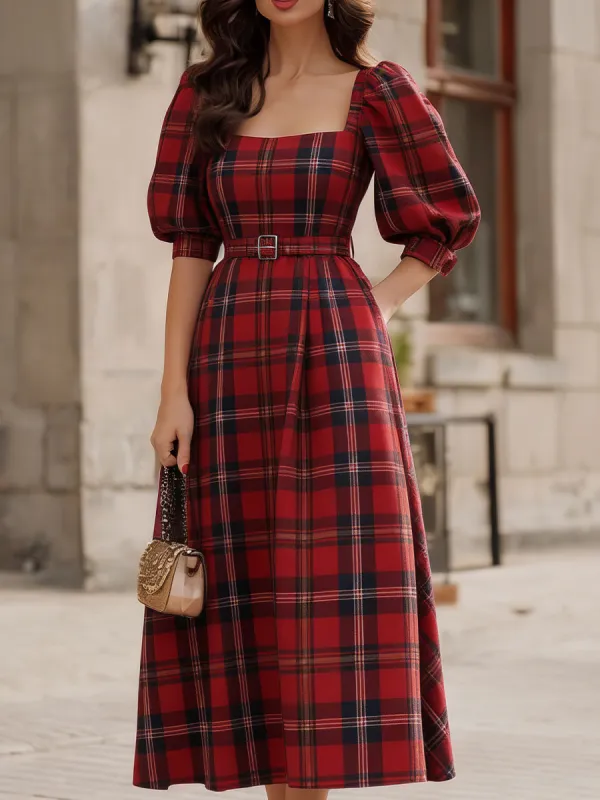 Red Plaid Square-Neck Puff-Sleeve Midi Dress sold by Mooyius