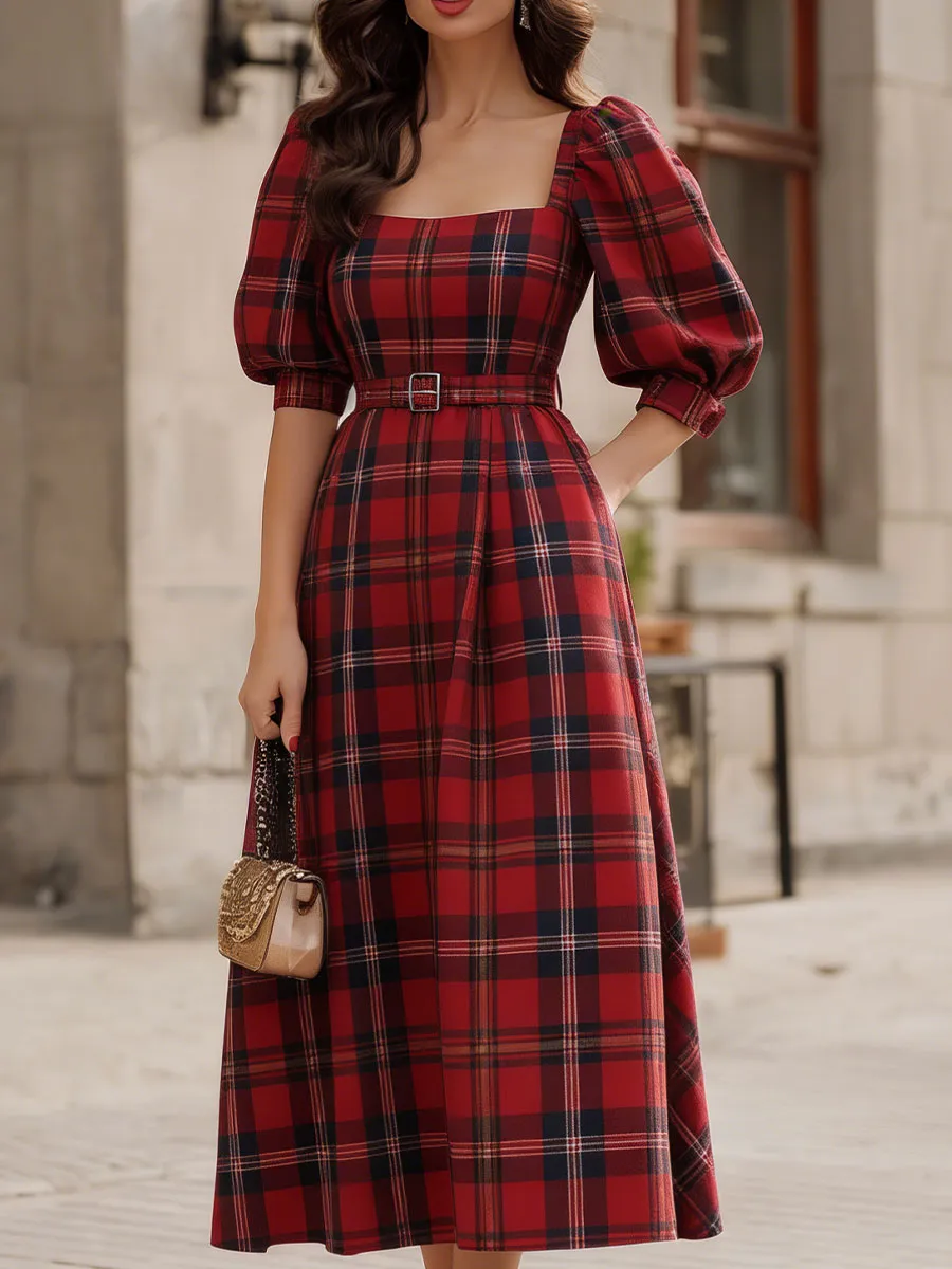 Red Plaid Square-Neck Puff-Sleeve Midi Dress sold by Mooyius