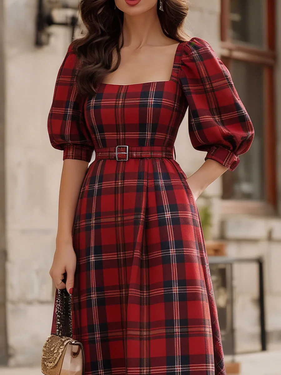 Red Plaid Square-Neck Puff-Sleeve Midi Dress sold by Mooyius product image thumbnail 2