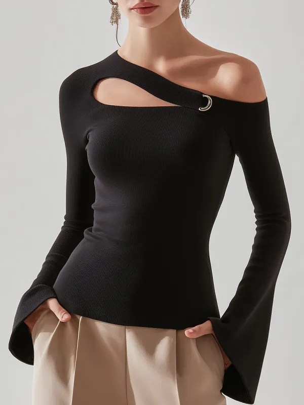Black Asymmetric Cutout One-Shoulder Top sold by Mooyius