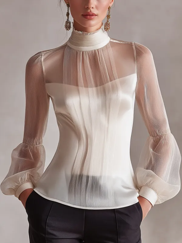 High-Neck Sheer Panel Elegant Long Sleeve Top sold by Mooyius