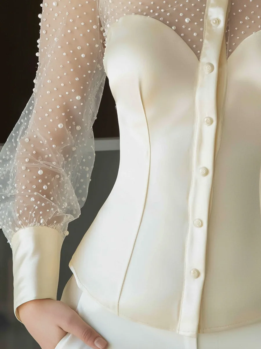 Pearl-Embellished Sheer Sleeve Structured Blouse sold by Mooyius product image thumbnail 4