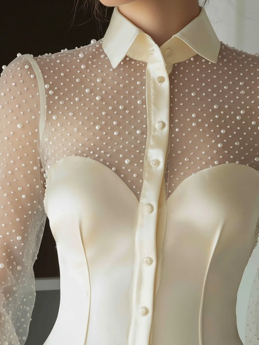 Pearl-Embellished Sheer Sleeve Structured Blouse sold by Mooyius product image thumbnail 3