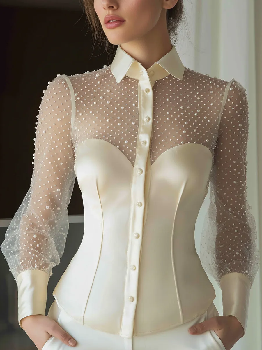 Pearl-Embellished Sheer Sleeve Structured Blouse sold by Mooyius