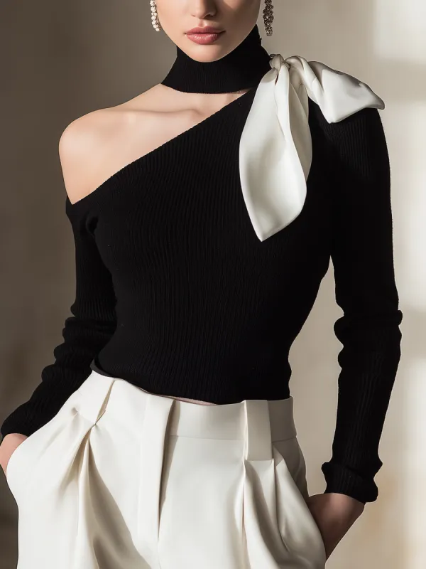 One-Shoulder Knit Top With Contrast Bow Detail made by Mooyius