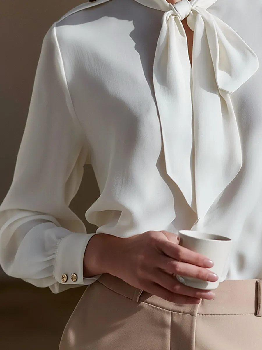 Elegant Tie-Neck Blouse With Gold-Button Shoulder Details sold by Mooyius product image thumbnail 3