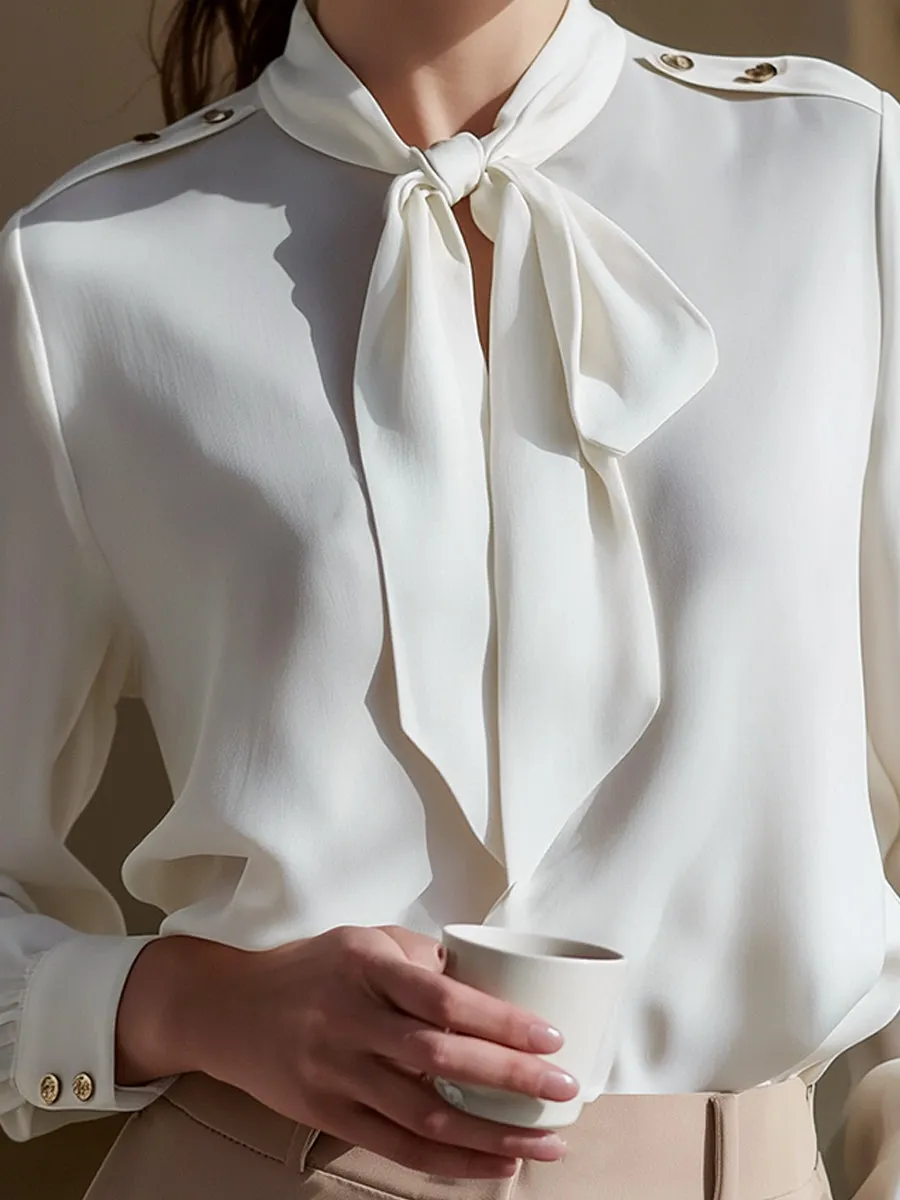 Elegant Tie-Neck Blouse With Gold-Button Shoulder Details sold by Mooyius product image thumbnail 2
