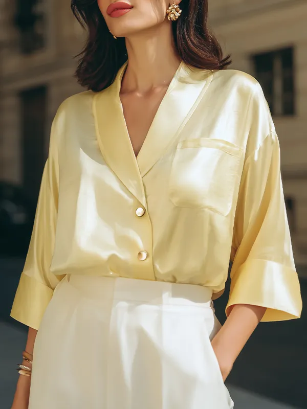 Soft Yellow Satin Wrap-Style Blouse With Relaxed Sleeves sold by Mooyius