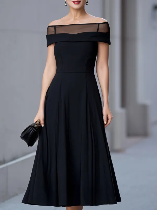 Chic Off-the-Shoulder Black Midi Dress With Sheer Yoke Detail made by Mooyius