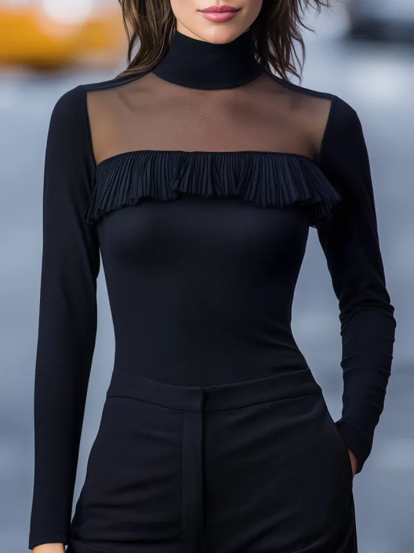 Sheer Mesh Yoke Ruffle High-Neck Long Sleeve Top made by Mooyius