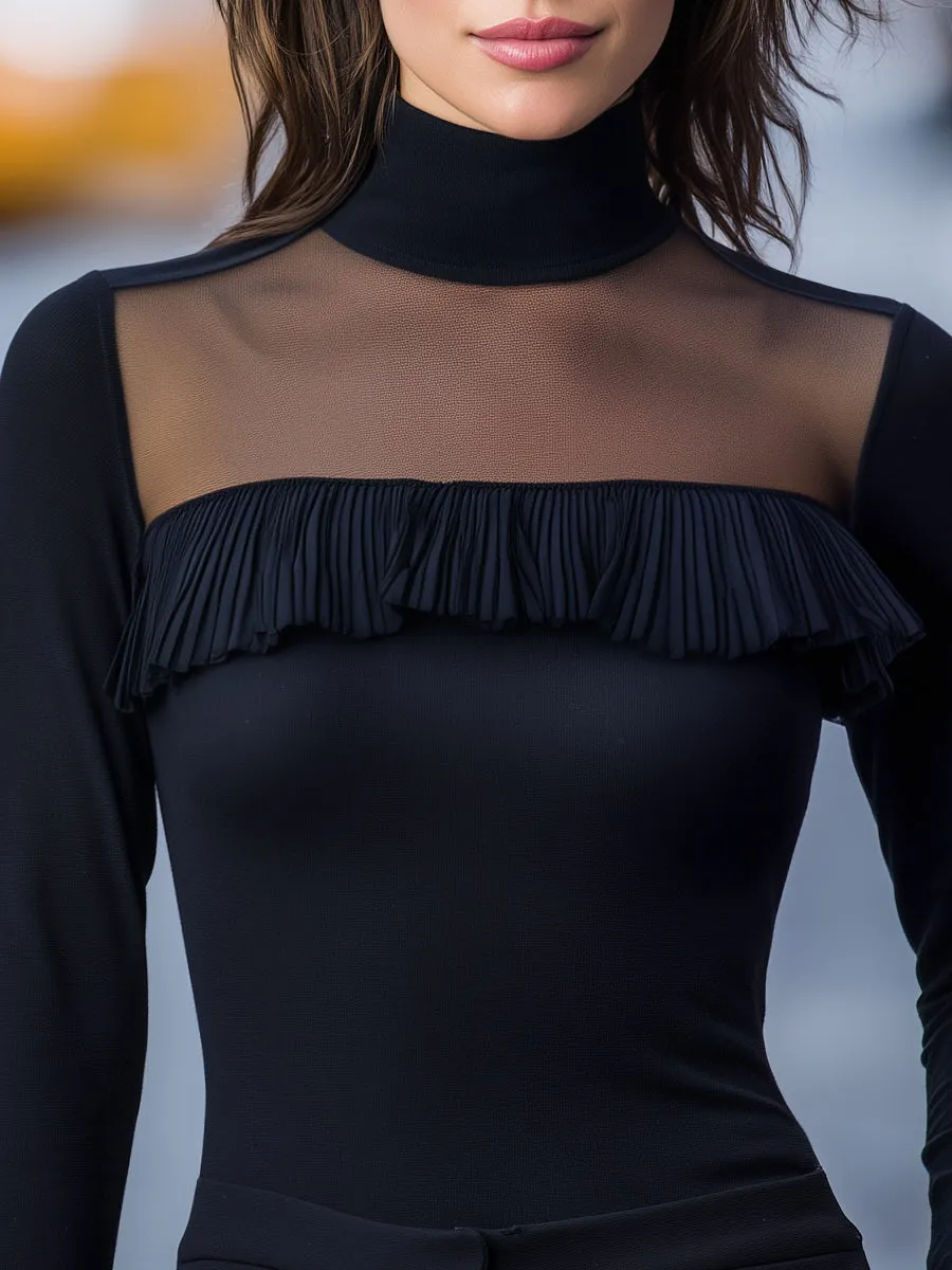 Sheer Mesh Yoke Ruffle High-Neck Long Sleeve Top sold by Mooyius product image thumbnail 3