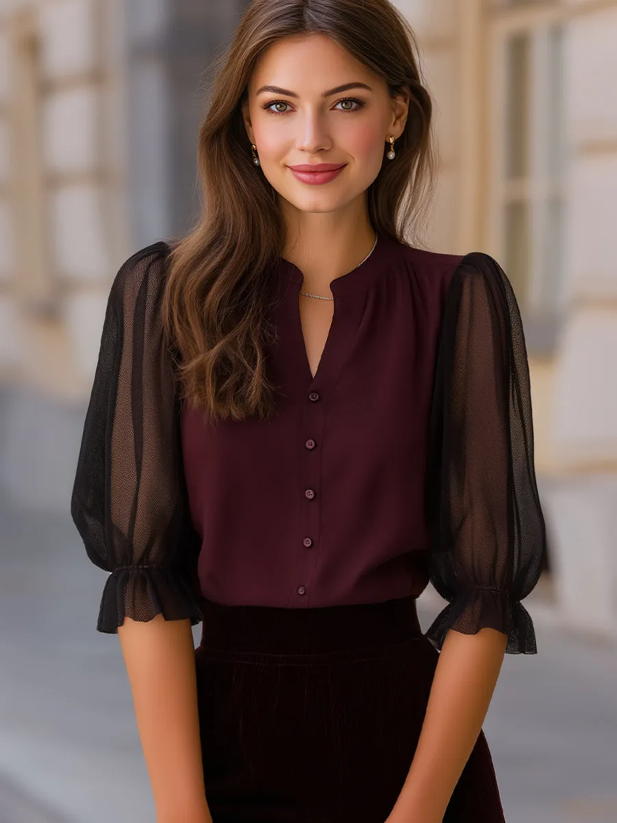 Sheer Puff Sleeve Button-Up Blouse sold by Mooyius product image thumbnail 4