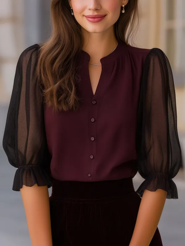 Sheer Puff Sleeve Button-Up Blouse made by Mooyius