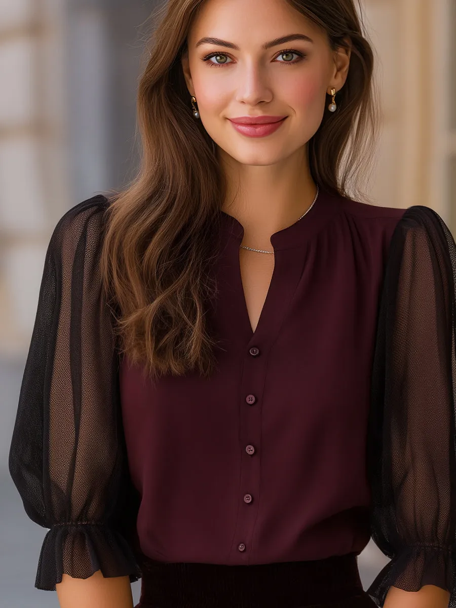 Sheer Puff Sleeve Button-Up Blouse sold by Mooyius product image thumbnail 2