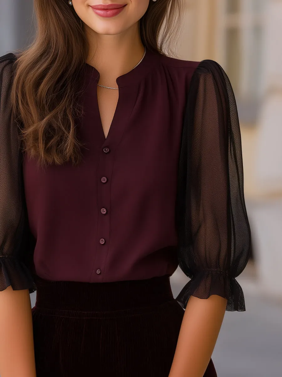Sheer Puff Sleeve Button-Up Blouse sold by Mooyius product image thumbnail 3