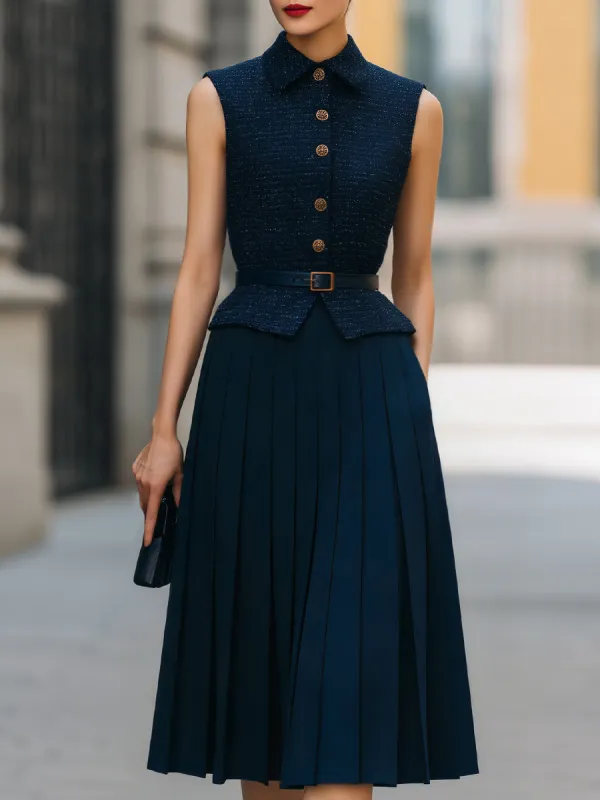 Belted Textured Sleeveless Top & Pleated Midi Skirt Two-Piece Set made by Mooyius