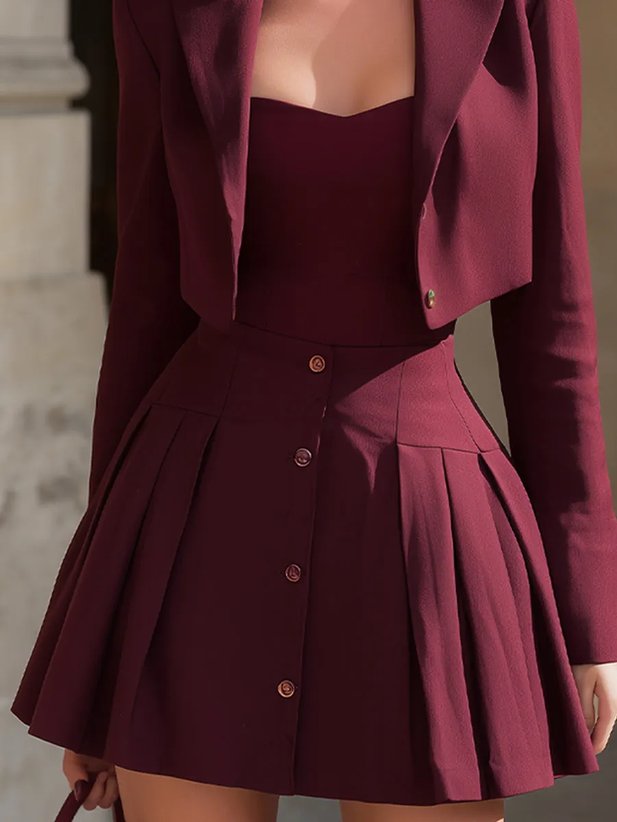 Rich Burgundy Cropped Blazer & Bustier-Pleated Skirt Two-Piece Set sold by Mooyius product image thumbnail 5