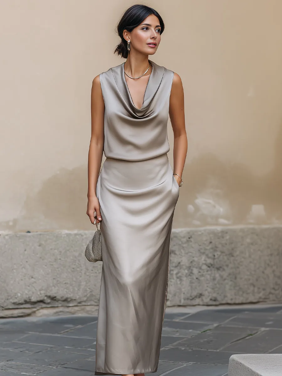 Luxe Champagne Satin Cowl-Neck Top & Maxi Skirt Two-Piece Set sold by Mooyius product image thumbnail 2