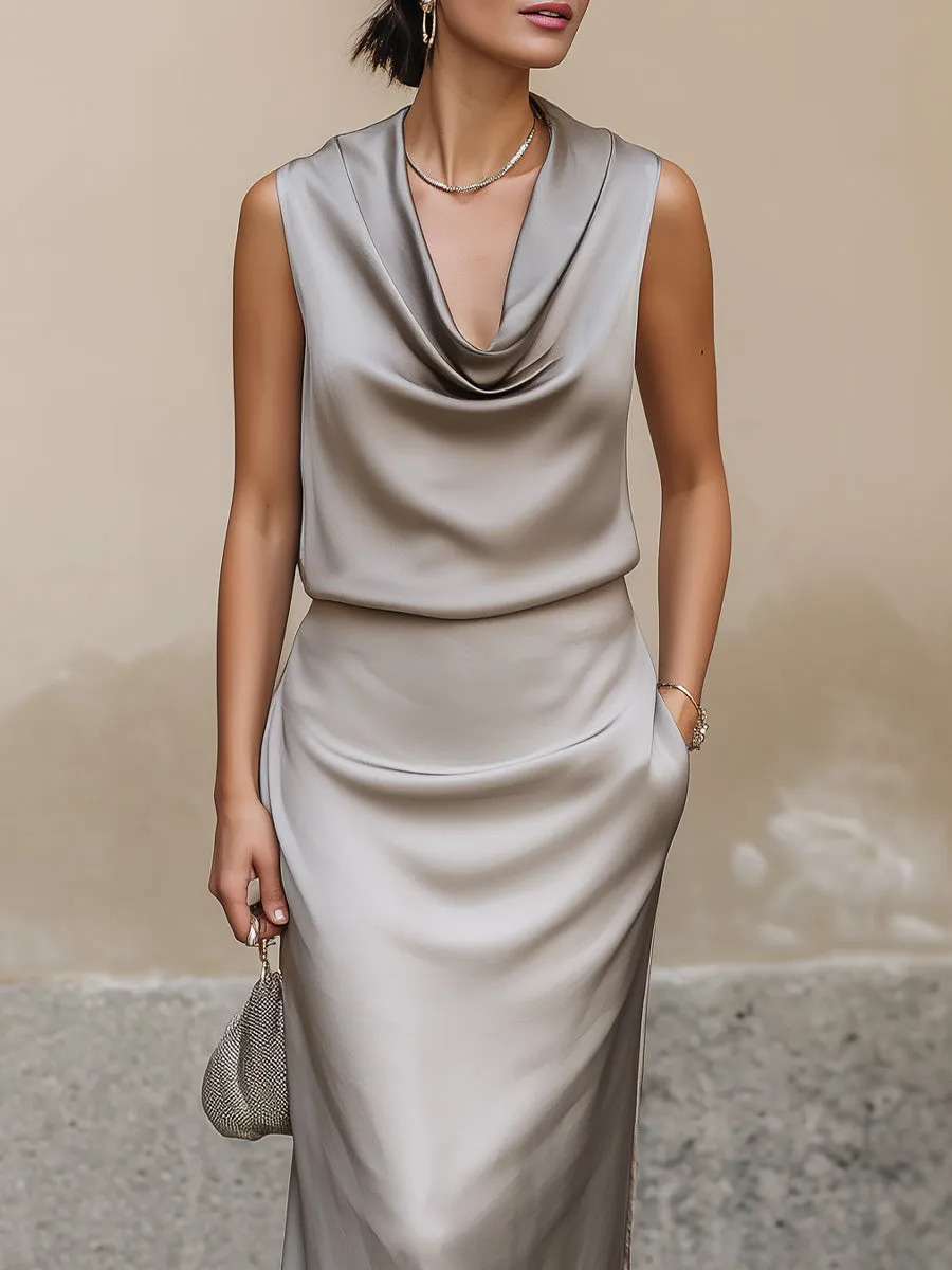 Luxe Champagne Satin Cowl-Neck Top & Maxi Skirt Two-Piece Set sold by Mooyius product image thumbnail 3