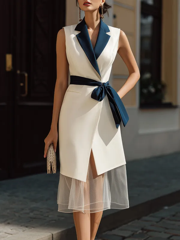 Sleeveless Contrast Lapel Belted Midi Dress sold by Mooyius