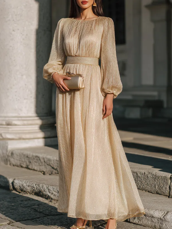 Elegant Long-Sleeve Pleated Waist Maxi Dress sold by Mooyius