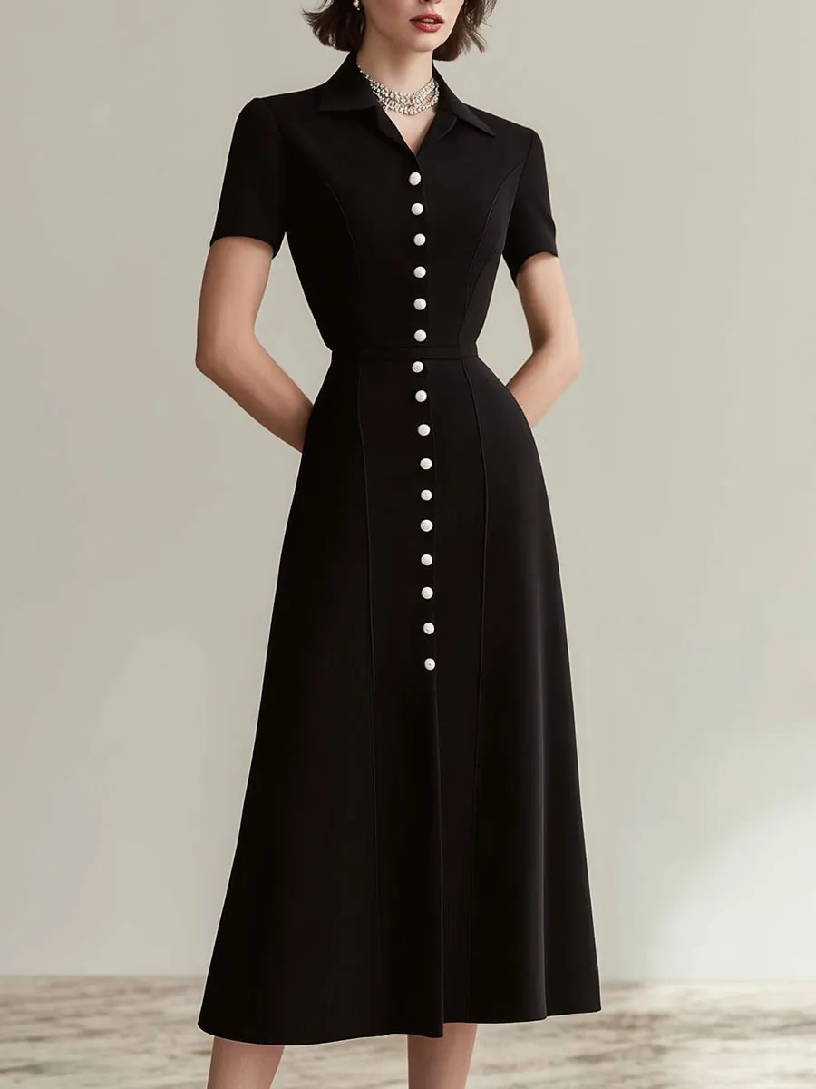 Black Tailored Button-Front Midi Dress With Short Sleeves sold by Mooyius